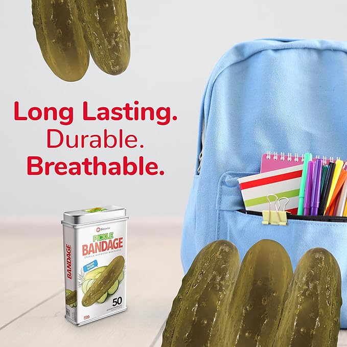 BioSwiss Bandages, Pickle Shaped Self Adhesive Bandage, Latex Free Sterile Wound Care, Fun First Aid Kit Supplies for Kids, 50 Count-CubbioJoy