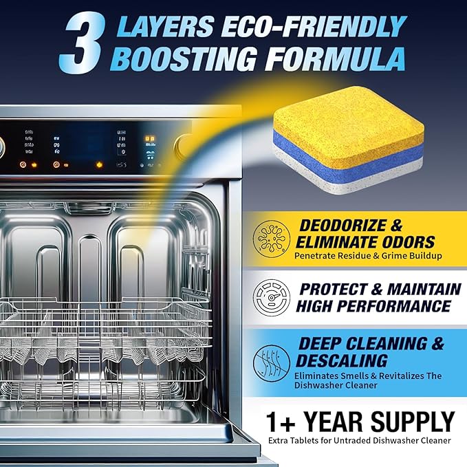 Dishwasher Cleaner Deodorizer Descaler Tablets - 56 Tabs - 1 Plus Year Supply - Extra Scented Deep Cleaning Sanitizer Pods - Remove Hard Water - Contain Citric Acid Heavy Duty Septic Safe - Lemon-CubbioJoy