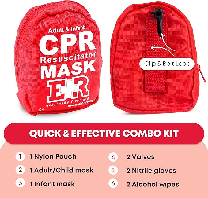 Adult and Infant CPR Mask Combo Kit – 4-Pack – 8 Valves, 4 Gloves, 8 Alcohol Pads – Latex-Free, Portable Pouch for First Responders-CubbioJoy