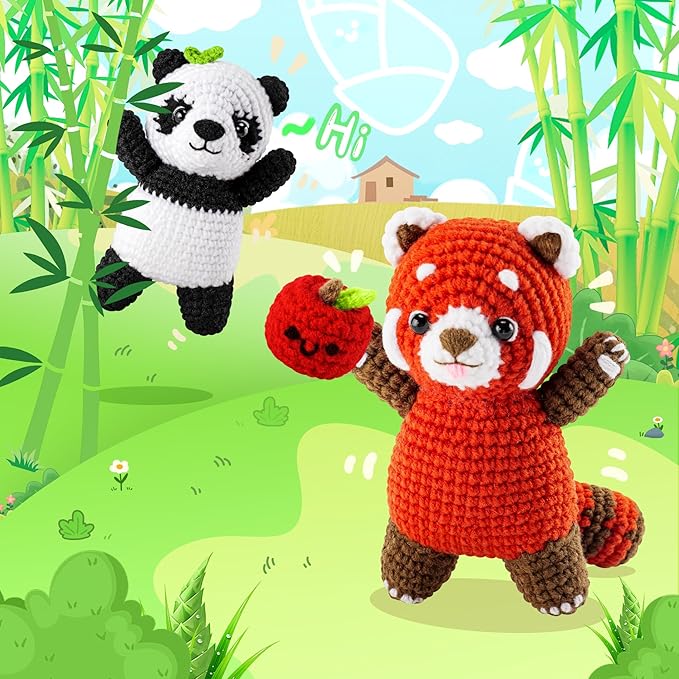 Crochet Kit for Beginners - 2PCS White and Red Panda Crochet Animal Kit with Step-by-Step Video Tutorials, Apple Crocheting Kit, Crochet Starter Kit for Kids and Adults, Beginners Knitting Kit-CubbioJoy