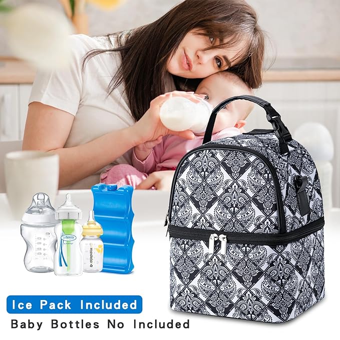 Breastmilk Cooler Bag with Ice Pack Fits 6 Baby Bottles up to 9 Ounce, Breast Milk Pump Cooler Bag with Shoulder Strap for Nursing Mom Daycare, Work, Travel- Black-CubbioJoy