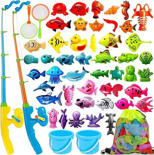 CozyBomB™ Magnetic Fishing Toys Game Set for Kids | Water Table Bathtub Kiddie Pool Party & Pole Rod Net, Plastic Floating Fish Toddler Color Ocean Sea Animals Birthday Age 3 4 5 6 Year-CubbioJoy