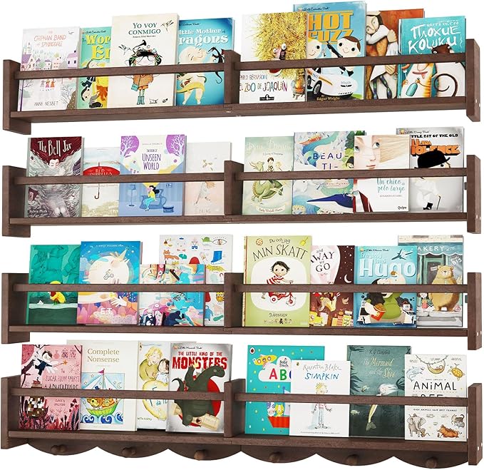 34Inch Nursery Bookshelves,Set of 4,Wall Floating Shelf Kids Coat Rack with 6Hooks,Hanging Book Shelf for Baby Nursery Room Décor (Dark Brown, 34)-CubbioJoy