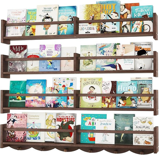 34Inch Nursery Bookshelves,Set of 4,Wall Floating Shelf Kids Coat Rack with 6Hooks,Hanging Book Shelf for Baby Nursery Room Décor (Dark Brown, 34)-CubbioJoy