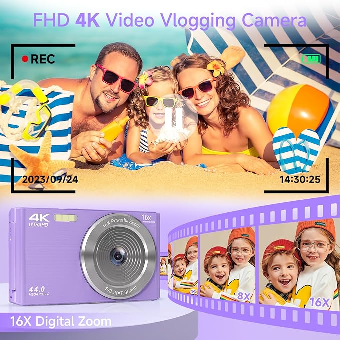 Digital Camera for Teens, FHD 4K 44MP Digital Camera Purple with 64GB SD Card 16X Digital Zoom, Cameras for Photography Compact Point and Shoot Camera for Teen Boys Girls Kids Camera Digital Purple-CubbioJoy