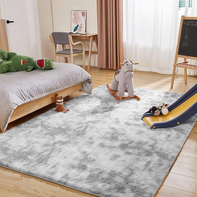 8x10 Area Rugs for Living Room, Ultra Soft Fluffy Rugs for Bedroom, Anti-Skid High Pile Indoor Carpet for Nursery, Study Room, Playroom, Home Decoration, Tie-Dyed Light Grey-CubbioJoy