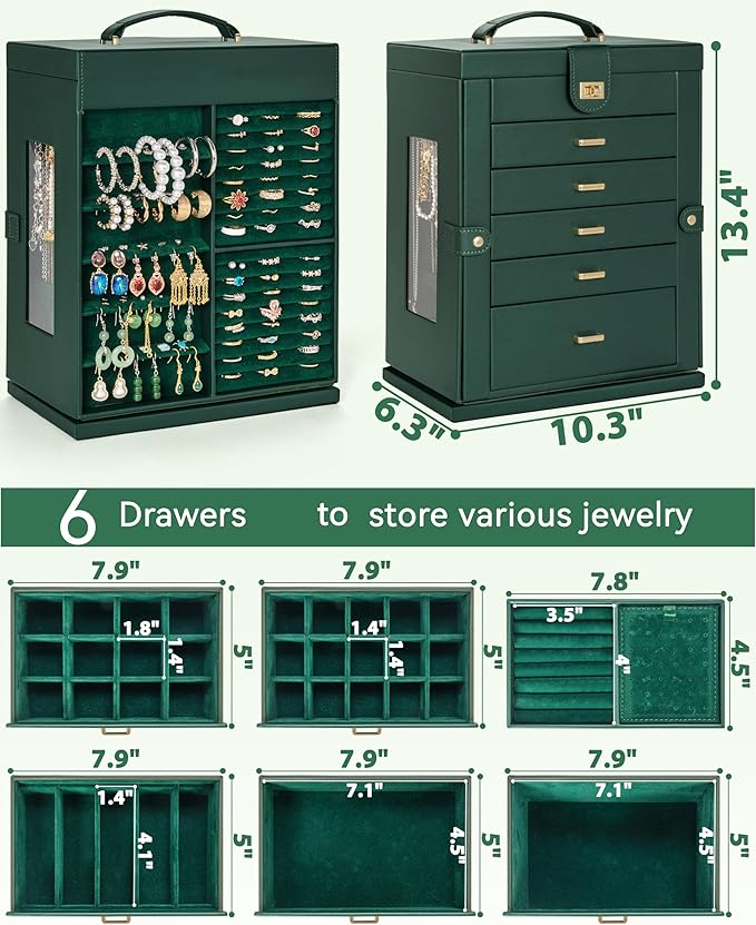 AKOZLIN 360° Rotating Jewelry Box 6-Tier Organizer Functional Jewelry Storage Case for Women Girls Ring Necklace Earring Bracelet Holder with Mirror-CubbioJoy