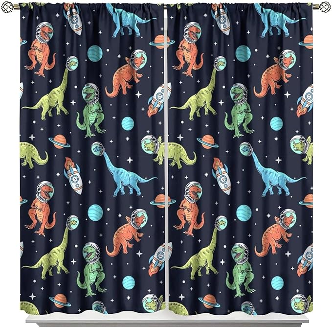 Cartoon Dinosaur Curtains for Kids Boys Girls Home Decor, Astronaut Rocket Funny Outer Space Blackout Rod Pocket Window Drapes for Bedroom Living Room W21xL63in 2 Panels-CubbioJoy