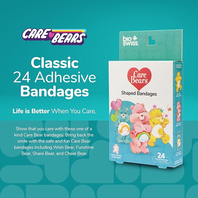 BioSwiss Care Bears Bandages, Classic Care Bear Shaped Self Adhesive Bandage, Latex Free Sterile Wound Care, Fun First Aid Kit Supplies for Kids, 24 Count-CubbioJoy