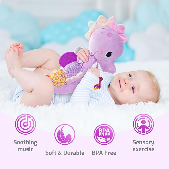 Sumobaby Infant Baby Musical Stuffed Animal Activity Soft Toys with Multi-Sensory Crinkle, Rattle and Textures, for Tummy Time Newborn 0-3-6-12 Months Boys, Girls, Seahorses, Purple-CubbioJoy