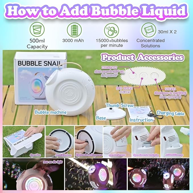 Bubble Machine, Automatic Bubble Maker Rechargeable, 15000+ Big Bubbles per Min, Colorful LED Lights, 90° 360° Rotatable Portable Electric Bubbles Toy for Kids Toddlers, Outdoor Wedding Party Gifts-CubbioJoy