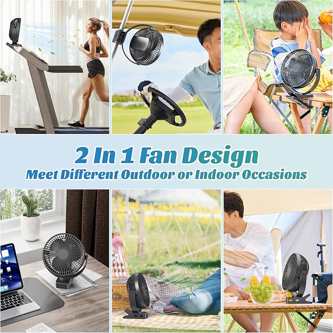 ATEngeus USB Desk Fan, Rechargeable Portable Fan, 8-Inch Clip on Fan, 10000mAh Stroller Fan, 4 Speeds Strong Airflow, 720° Rotation, with Sturdy Clamp, Suitable for home, office and stroller-CubbioJoy