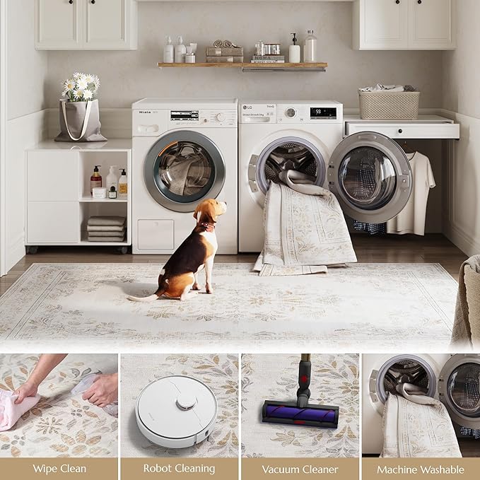 jinchan Vintage Floral Runner Rug 2x6 - Machine Washable Distressed Design Non-Slip Low-Pile Soft Thin Carpet for Hallway Kitchen Farmhouse Bedroom Entryway Laundry Room (2x6ft,Light Grey)-CubbioJoy