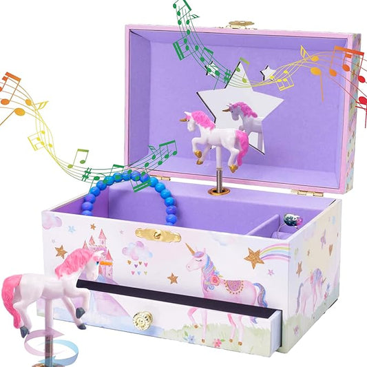 Jewelkeeper Jewelry Box for Girls with 1 Drawer - Unicorn Musical Jewelry Boxes, Beautiful Dreamer Tune, Spinning Unicorn Doll, Little Girl Music Box, Gifts for 5 Year Old Girls (Engineered Wood)-CubbioJoy