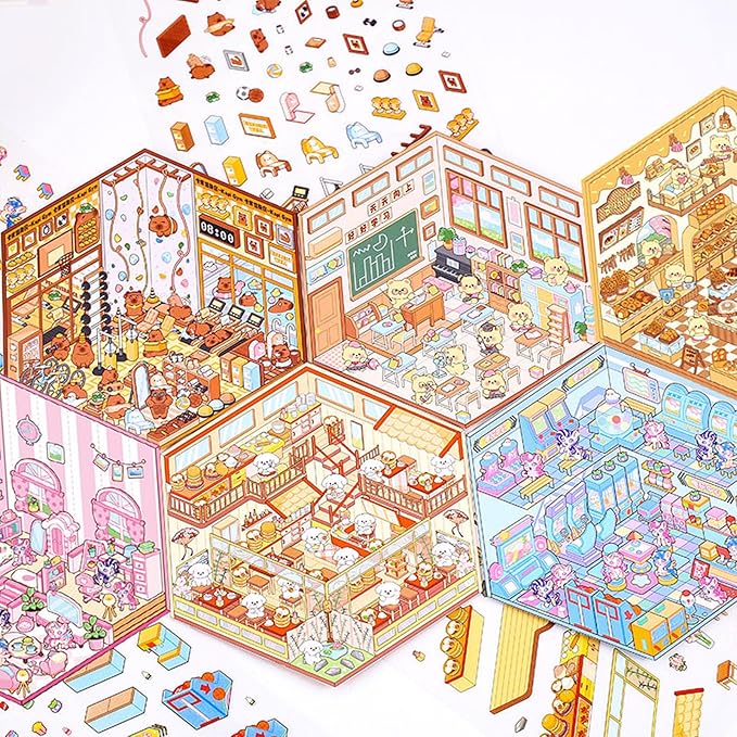 DIY 3D Sticker for Kids, 6 Sets of Cute Stickers for Girls Adult Isometric Sticker Scene Kids Reuseable and Waterproof Stickers-CubbioJoy