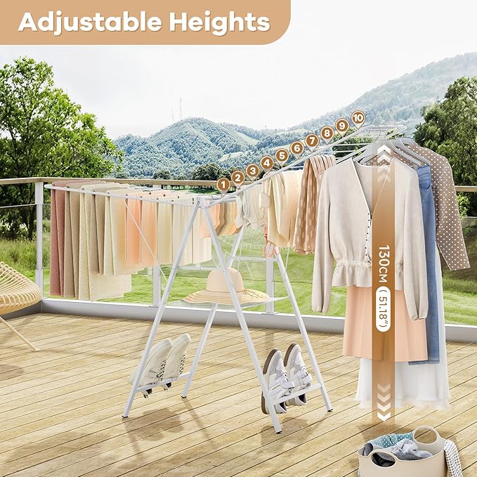 APEXCHASER Drying Rack Clothing, Clothes Drying Rack Foldable, Metal Laundry Drying Rack Collapsible for Sweater Towel Indoor Outdoor, Gullwing Clothes Rack Drying with Height Adjustable Rails, White-CubbioJoy