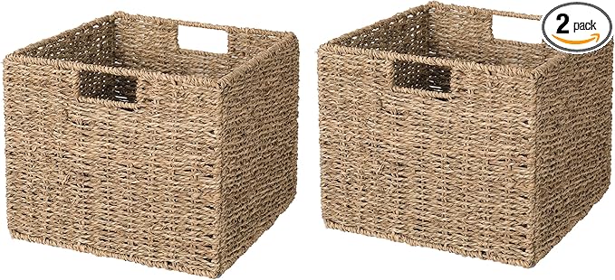 12x12x10in Seagrass Storage Baskets Set of 2, Large Wicker Storage Basket, Decorative Seagrass Shelf Basket, Pantry Baskets Organization,Folding Storage Cube Bins-CubbioJoy