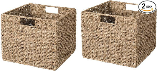 12x12x10in Seagrass Storage Baskets Set of 2, Large Wicker Storage Basket, Decorative Seagrass Shelf Basket, Pantry Baskets Organization,Folding Storage Cube Bins-CubbioJoy