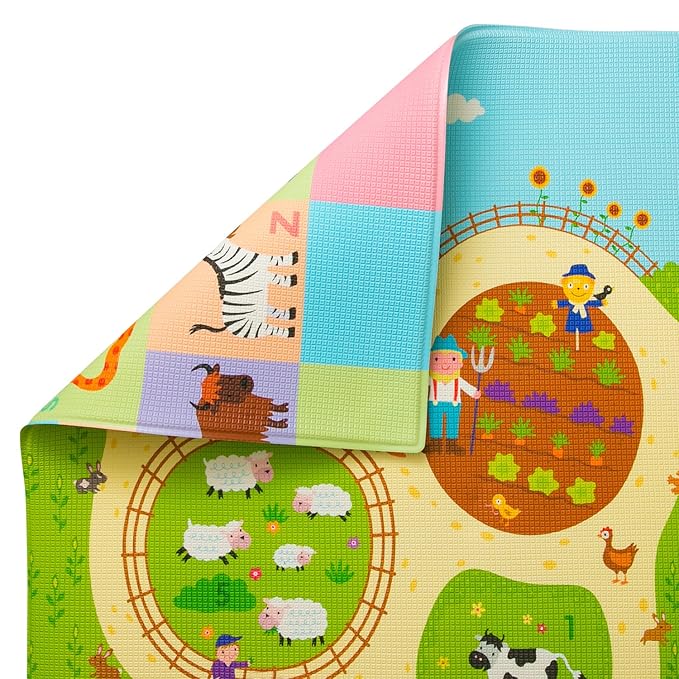 Baby Care Play Mat (Medium, Playful - Busy Farm) 73’’ x 49’’ Original One-Piece Reversible Rollable Waterproof Play Mat for Infants, Babies, Toddler, and Kids-CubbioJoy