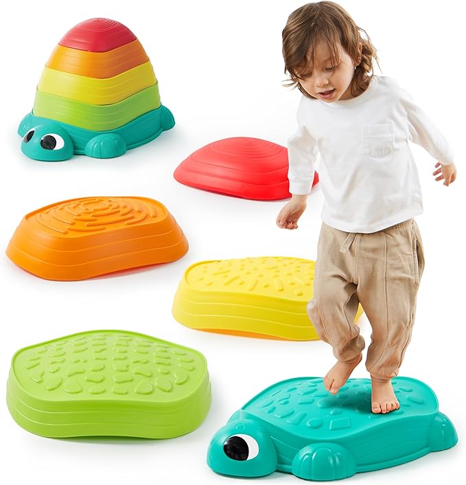 JOYIN 5 Pcs Turtle Balance Stepping Stones, Kids Turtle Path Jumping Stones, Toddler Obstacle Course Coordination Game Toys Indoor or Outdoor Play for Kids Aged 3+-CubbioJoy