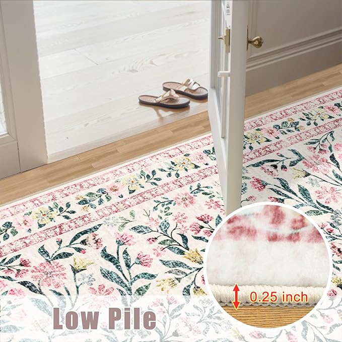 Area Rugs 9x12 Living Room: Floral Washable Rug Vintage Large Soft Boho Non-Slip Carpet Indoor Stain Resistant Low Pile Carpets for Bedroom Dining Room Farmhouse Nursery Hallway Home Office Pink Green-CubbioJoy