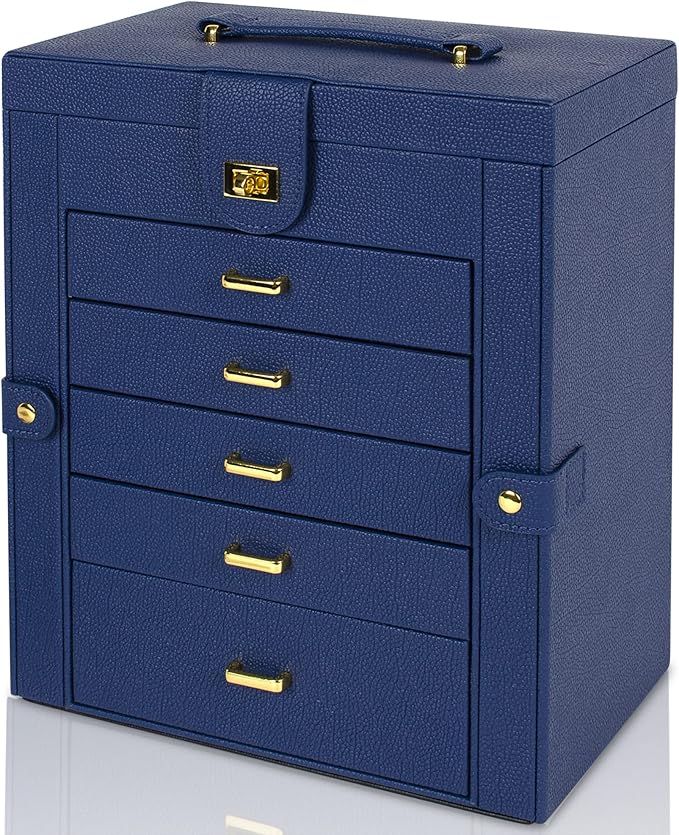AKOZLIN Large Jewelry Box Organizer Functional Lockable with Big Mirror, Leather Jewelry Storage Case for Women Girls Ring Necklace Earring Bracelet Holder Organizer Blue-CubbioJoy