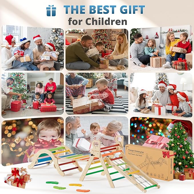 BlueWood 10-in-1 Pikler Triangle Set, Toddler Climbing Toys Indoor, Montessori Climber, Baby Jungle Gyms with Arch, Extra Rope Ladder & Footprint Balance Beam - Neon Aurora-CubbioJoy