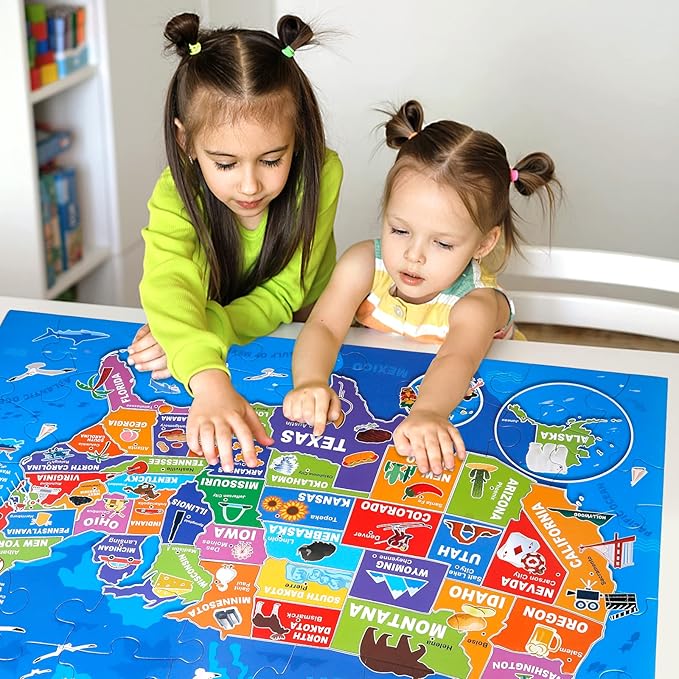 Jumbo Floor Puzzle for Kids,USA Map Puzzle Jigsaw Geography Puzzles,70 Piece US Map 50 States with Capitals,United States Puzzle for Ages 3-5,Preschool Learning Toys Gift for 4-8 Years Old-CubbioJoy