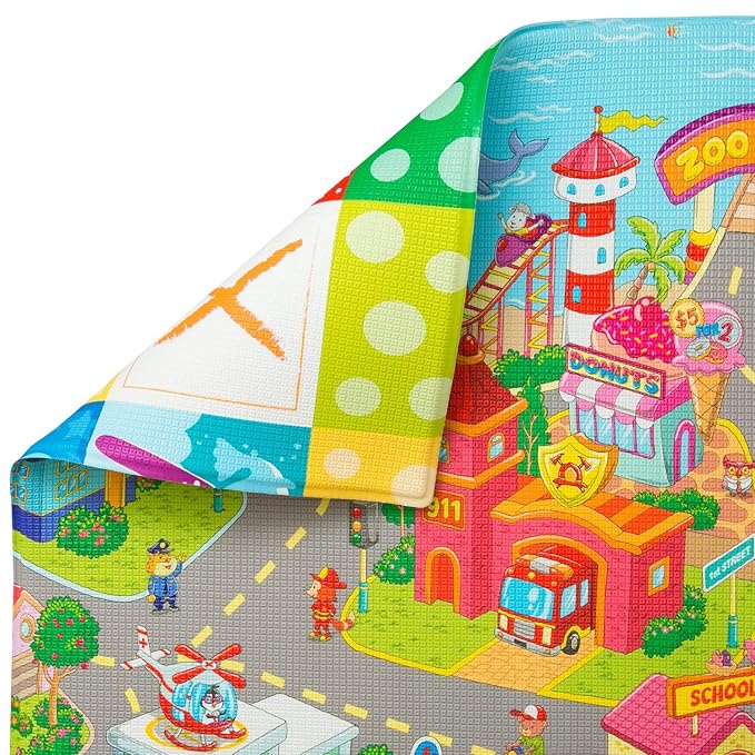 Baby Care Play Mat (Large, Playful - Zoo Town) 82'' x 55'' Original One-Piece Reversible Rollable Waterproof Play Mat for Infants, Babies, Toddler, and Kids-CubbioJoy