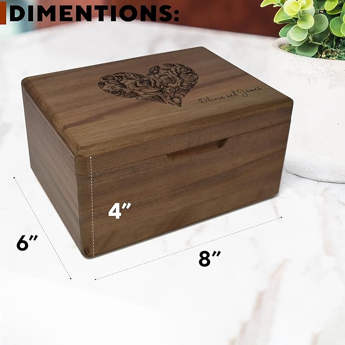 Keepsake Box for Wedding Anniversary - Customized Keepsake Box Engraved Connected Hearts with Names, 5 Years Anniversary, Acacia Wood Decorative Custom Memory Boxes, Surprise Love Message, 8x6x4 in-CubbioJoy