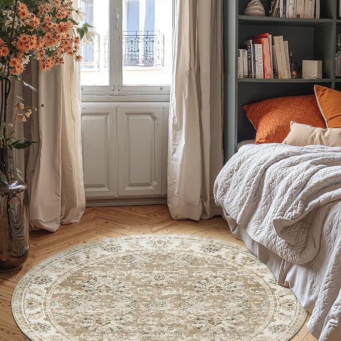 jinchan Round Rug 6ft Area Rug - Taupe Vintage Floor Mat Kitchen Indoor Ultra-Thin Soft Floral Print - Washable Circle 6' Retro Accent for Farmhouse Non Slip Dining Room Living Room Bedroom Office-CubbioJoy