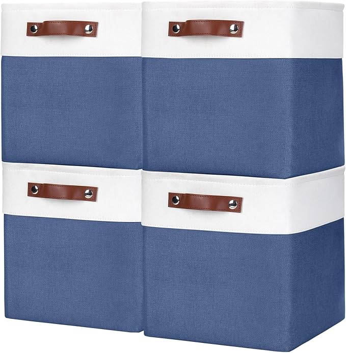 Collapsible Fabric Storage Cubes 11x11 Cube Storage Bins, 4 Pack Closet Baskets Box with Handles for Organizing, Shelf, Toys, Clothes, Home, Office, Nursery (Navyblue&White)-CubbioJoy