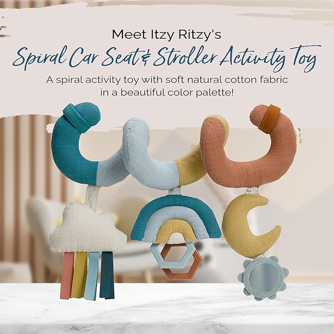 Itzy Ritzy Spiral Car Seat & Stroller Activity Toy - Stroller & Car Seat Toys for Ages 0 Months and Up - Hanging Toys Include Clinking Rings, Mirror and Textured Ribbons (Rainbow)-CubbioJoy