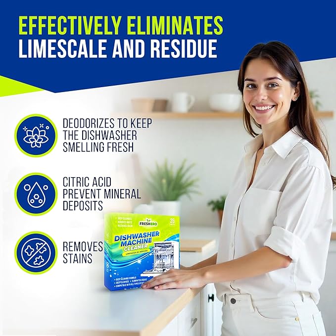 Dishwasher Cleaner and Deodorizer Tablets 26-Pack, Deep Cleaning Descaler for Dishwasher Machine, Heavy Duty, Septic Safe, Removes Grease & Build-ups, 1 Year of Cleaning Supplies (Unscented)-CubbioJoy