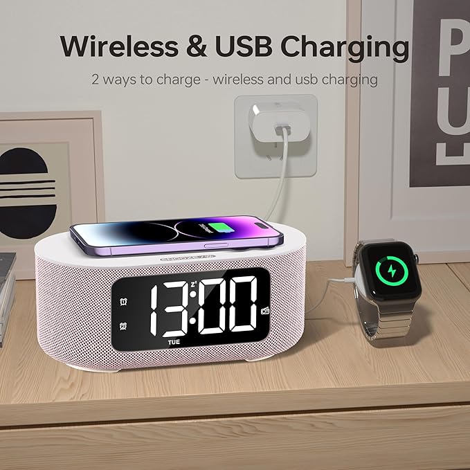 JALL Fabric Alarm Clock for Bedroom, with Big Led Screen Display, Bluetooth Stereo Sound Speaker, FM Radio, Fast Wireless Charging, USB Charging Port, Nightlight, White Noise, Ideal for Gift, Pink-CubbioJoy