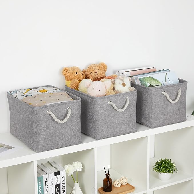 Bidtakay Storage Baskets Gray 3 Pack Shelf Baskets Collapsible Storage Bins for Clothes 15X11X9.5Inch Decorative Baskets with Handles Large Baskets for Organizing Closet Home Storage (Grey)-CubbioJoy