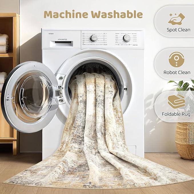 7x9 Area Rug Living Room: Machine Washable Large Abstract Modern Soft Rugs Stain Resistant Indoor Floor Non Slip Accent Carpet for Bedroom Nursery Playroom Office Dining Room Dorm Home- Gray Gold-CubbioJoy