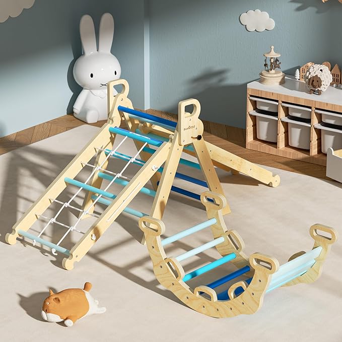 BlueWood 2025 8-in-1 Pikler Triangle Climbing Set Toddler Toys Indoor Baby Jungle Gym Climber Playground for Kids - Sky Blue-CubbioJoy