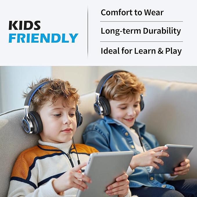 AILIHEN C8 Headphones Wired, On-Ear Kids Headphones with Microphone and Volume Control Foldable Corded Stereo 3.5mm Headset for School Teens Smartphones Chromebook Laptop Tablets Travel (Black Blue)-CubbioJoy