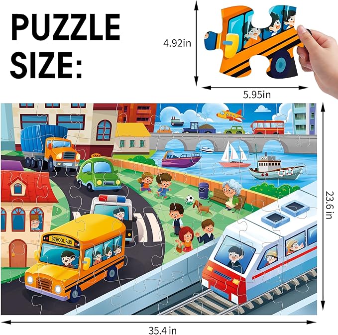 Jumbo Floor Puzzle for Kids,City Transportation Jigsaw Large Puzzles,48 Piece City Life Vehicle Puzzle for Toddler Ages 3-5,Children Learning Preschool Educational Toys,Gift for 4-8 Years Old-CubbioJoy