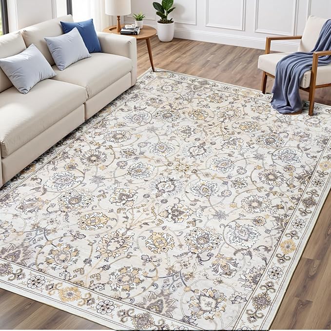 6x9 Area Rug for Living Room & Bedroom, Washable Non-Slip Vintage Rugs, Neutral Floral Soft Carpet, Low Pile Wool Carpets for Indoor Dining Home Office Playroom Under Table, Beige-CubbioJoy