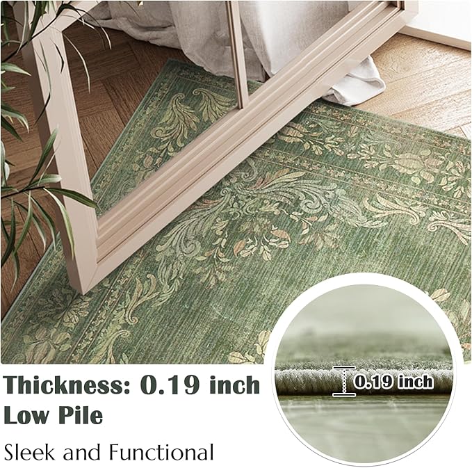 jinchan Vintage Floral Runner Rug 2x5 - Machine Washable Distressed Design Non-Slip Low-Pile Soft Thin Carpet for Hallway Kitchen Farmhouse Bedroom Entryway Laundry Room (2x5ft,Dark Green)-CubbioJoy