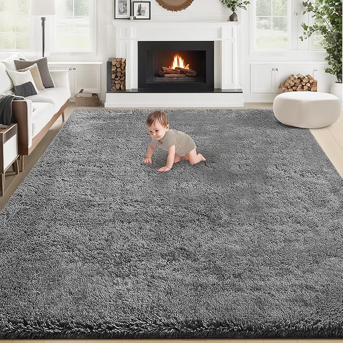6x9 Area Rug for Living Room: Fluffy Shag Soft Washable Rugs Large Fuzzy Plush Indoor Carpet for Bedroom Nursery Playroom Kids Girls Boys Room (Dark Grey, 6'x9')-CubbioJoy