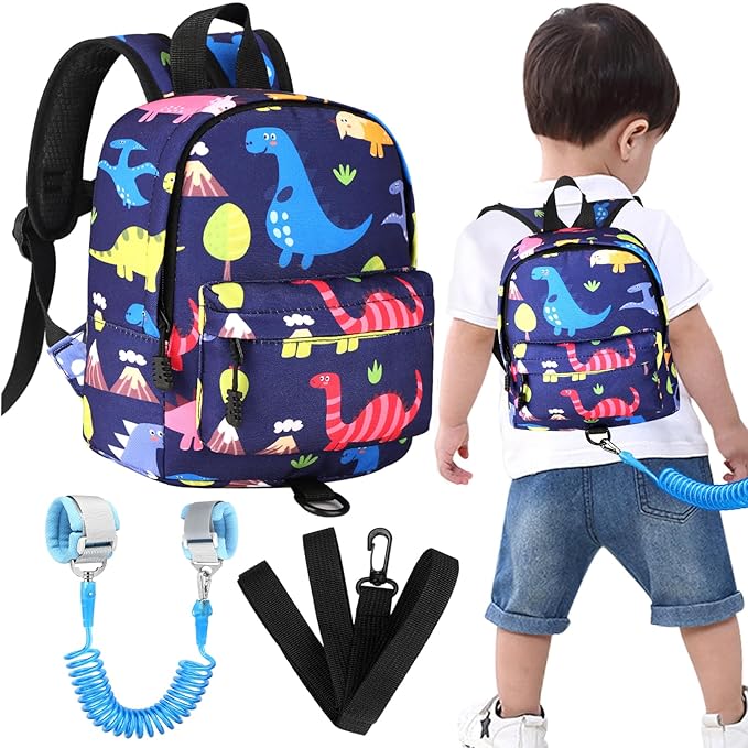 Accmor Toddler Backpack Leash with Anti Lost Wrist Link, Cute Mini Child Walking Harnesses Keep Kids Close Back Pack Rope Tether Rein for Baby Boys (Navy Blue/Dino)-CubbioJoy