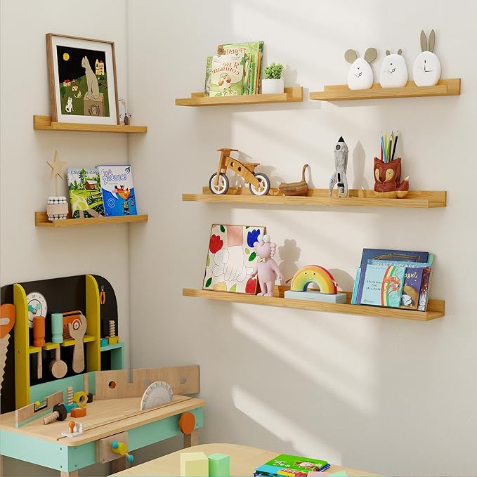 Axeman Picture Ledge Shelf, Floating Shelves for Wall Decor Storage Set of 6, 16 inch Floating Wall Mounted Shelves, Wall Shelves with Lip for Living Room, Bedroom, Nursery, Bathroom, Kitchen, Oak-CubbioJoy