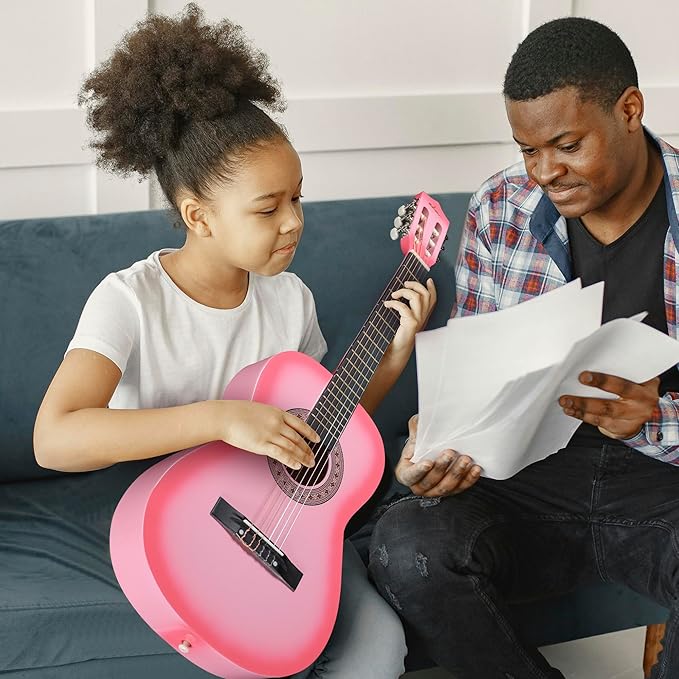 ADM Beginner Acoustic Classical Guitar 36 Inch Nylon Strings Wooden Guitar Bundle Kit for Kid Boy Girl Student Youth Guitarra Online Lessons with Gig Bag, Strap, Tuner, Strings, Picks, Pink-CubbioJoy