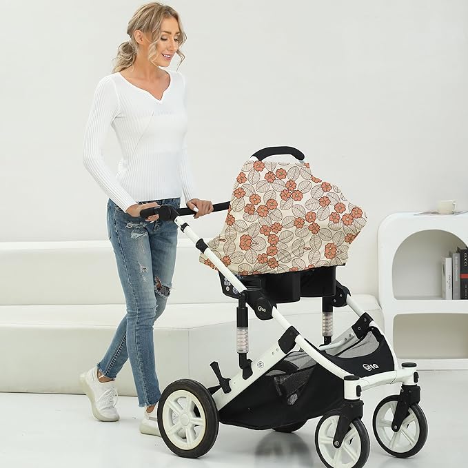 Breathable Car Seat Cover for Babies – Multi-Purpose Soft Rayon Nursing Cover for Breastfeeding, High Stretchy Infant Carseat Canopy, Stroller Cover (Smooth Rayon, Warm Floral)-CubbioJoy