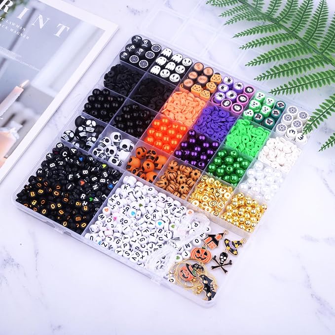 2088pcs Halloween Polymer Clay Beads Bracelet Making kit, 24 Style Cute Fun Beads Skull Pumpkin Beads Charms for Jewelry Necklace Earring Making DIY Accessories for Women Girls-CubbioJoy