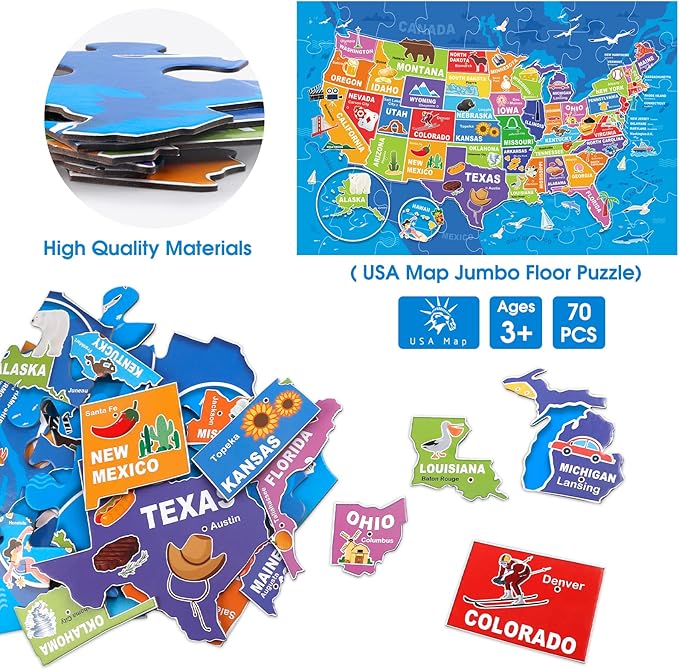 Jumbo Floor Puzzle for Kids,USA Map Puzzle Jigsaw Geography Puzzles,70 Piece US Map 50 States with Capitals,United States Puzzle for Ages 3-5,Preschool Learning Toys Gift for 4-8 Years Old-CubbioJoy