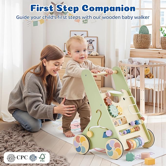 Baby Push Walker for Baby Boy 6-12 Months, Wooden Baby Walker Push Toy, Learning to Walk, Baby Walkers for Girls, Montessori Walker Toy with Wheels-CubbioJoy